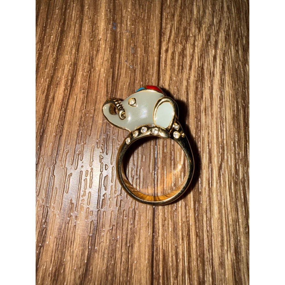 Vintage Style Elephant Cocktail Ring 18K GE Gold Enamel Rhinestone Size 7